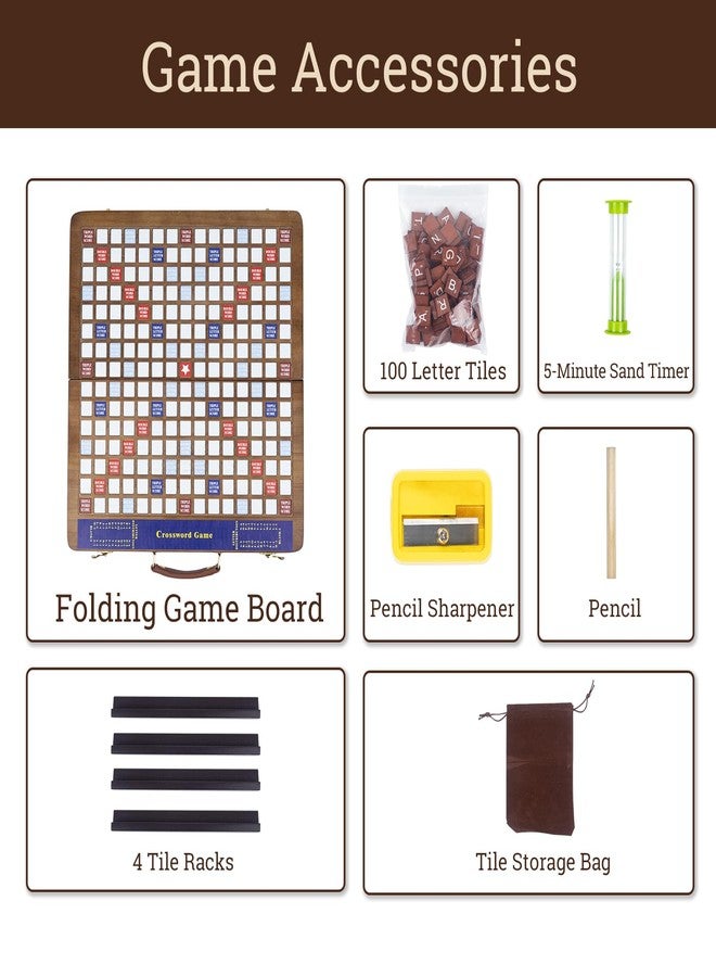 MrCarbon Wooden Folding Crossword Board Game - Word Game Set with 100 Letter Tiles, Sand Timer, Pencil, Racks & Bag - Portable Wooden Game for Adults & Family - Image 4